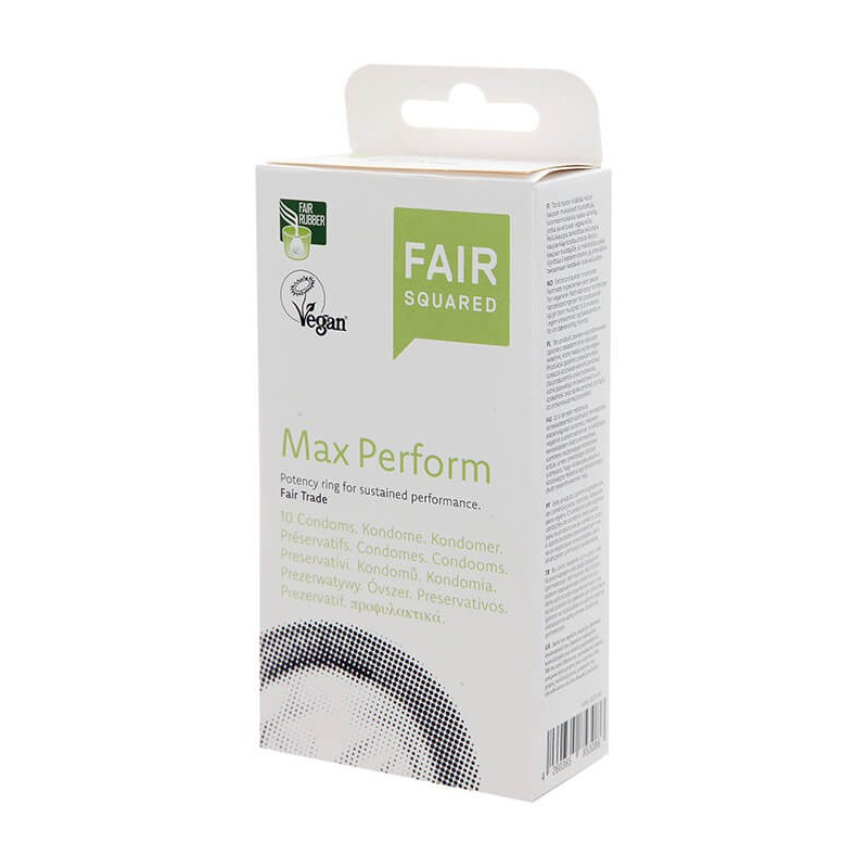 Prezerwatywy MAX PERFORM, przezroczyste z naturalnego lateksu, nawilżane, certyfikowane FAIR RUBBER, 10 szt, Fair Squared
