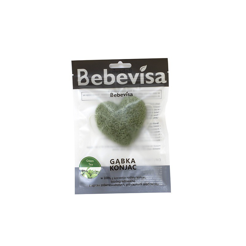 Gąbka Konjac do twarzy, Serce, Zielona Herbata, aż 6,7 - 8,5 cm, Bebevisa