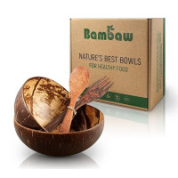 Zastaw misek z łupiny kokosa z drewnianymi sztućcami, naturalne, kompostowalne, Bambaw