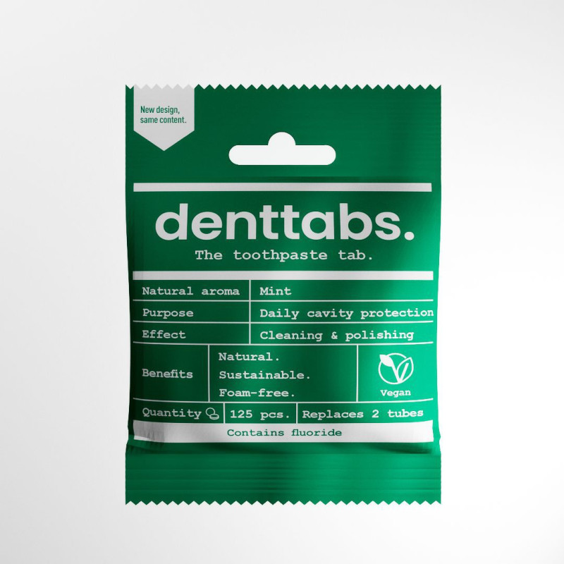 Tabletki do mycia zębów ze stewią, Z FLUOREM, miętowe, opakowanie biodegradowalne, ZERO WASTE, 125szt., Denttabs