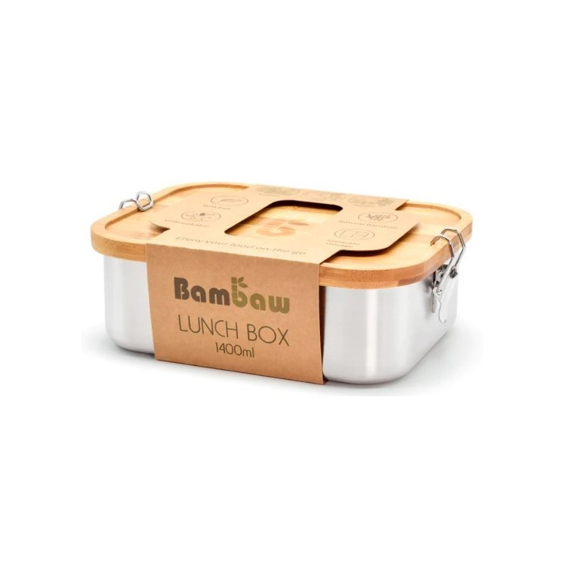 Lunchbox ze stali nierdzewnej z bambusową pokrywką, bez BPA, pojemność 1400 ml, Bambaw